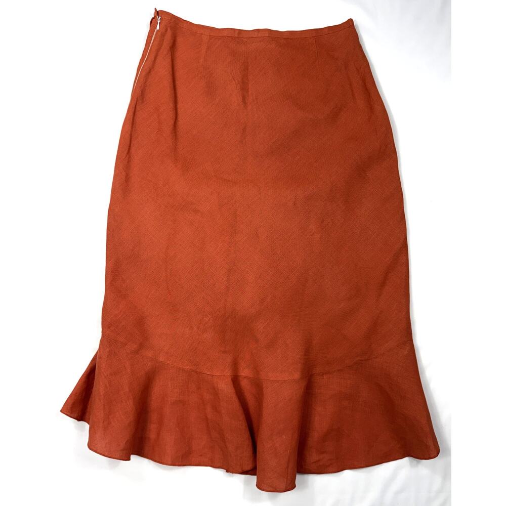 Taboo 100% Linen Ruffle Faux Wrap Coral color Midi Skirt Sz 42 - Picture 9 of 13